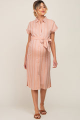 Peach Textured Stripe Button Front Linen Maternity Dress