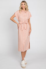 Peach Textured Stripe Button Front Linen Dress