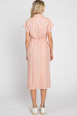 Peach Textured Stripe Button Front Linen Dress