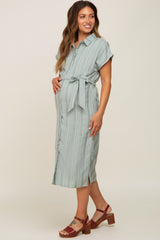 Mint Green Textured Stripe Button Front Linen Maternity Dress