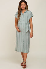 Mint Green Textured Stripe Button Front Linen Maternity Dress