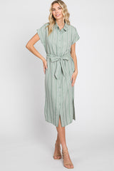 Mint Green Textured Stripe Button Front Linen Dress