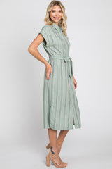 Mint Green Textured Stripe Button Front Linen Dress