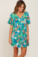 Emerald Green Floral V-Neck Babydoll Dress