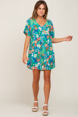 Emerald Green Floral V-Neck Babydoll Dress