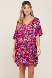 Magenta Floral V-Neck Maternity Dress