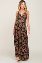 Black Floral V-Neck Cross Back Maternity Maxi Dress