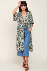 Green Palm Print Front Tie Short Sleeve Cover Up