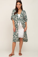 Green Palm Print Front Tie Short Sleeve Maternity Cover Up