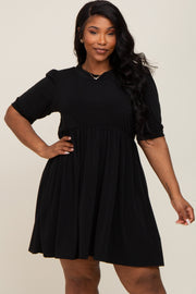 Black High Neck Puff Sleeve Plus Dress