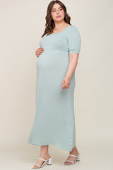 Light Green Puff Sleeve Maternity Maxi Plus Dress