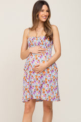 Blue Floral Smocked Sleeveless Maternity Dress