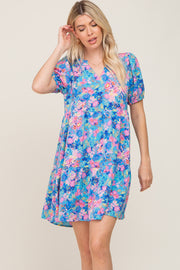 Blue Floral V-Neck Short Puff Sleeve Dress