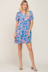 Blue Floral V-Neck Short Puff Sleeve Dress