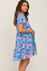 Blue Floral V-Neck Short Puff Sleeve Maternity Dress