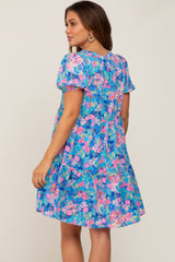 Blue Floral V-Neck Short Puff Sleeve Maternity Dress