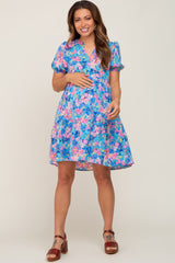 Blue Floral V-Neck Short Puff Sleeve Maternity Dress