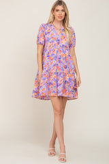 Lavender Floral V-Neck Short Puff Sleeve Dress