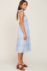 Blue Square Print Smocked Tie Strap Midi Dress