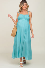 Turquoise Sleeveless Ruffle Trim Maternity Maxi Dress