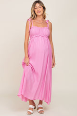 Pink Sleeveless Ruffle Trim Maternity Maxi Dress