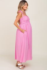 Pink Sleeveless Ruffle Trim Maternity Maxi Dress