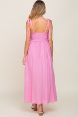 Pink Sleeveless Ruffle Trim Maternity Maxi Dress