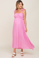 Pink Sleeveless Ruffle Trim Maternity Maxi Dress