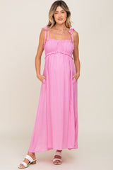 Pink Sleeveless Ruffle Trim Maternity Maxi Dress