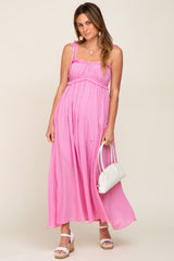 Pink Sleeveless Ruffle Trim Maternity Maxi Dress