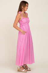 Pink Sleeveless Ruffle Trim Maxi Dress