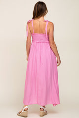 Pink Sleeveless Ruffle Trim Maxi Dress