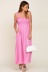 Pink Sleeveless Ruffle Trim Maxi Dress