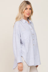 Light Blue Linen Striped Button Up Top