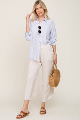 Light Blue Linen Striped Button Up Top