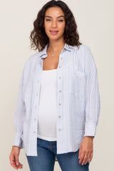 Light Blue Linen Striped Button Up Maternity Top