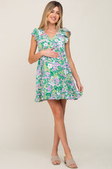 Green Floral Ruffle Sleeve Babydoll Maternity Dress