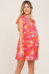 Pink Floral Ruffle Sleeve Babydoll Maternity Dress