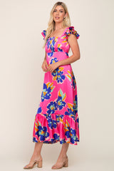 Fuchsia Floral Pleated Flounce Sleeve Maxi Dress