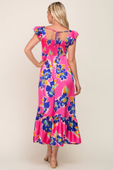 Fuchsia Floral Pleated Flounce Sleeve Maxi Dress