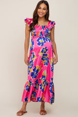 Fuchsia Floral Pleated Flounce Sleeve Maternity Maxi Dress