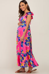 Fuchsia Floral Pleated Flounce Sleeve Maternity Maxi Dress