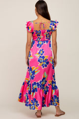 Fuchsia Floral Pleated Flounce Sleeve Maternity Maxi Dress