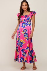 Fuchsia Floral Pleated Flounce Sleeve Maternity Maxi Dress