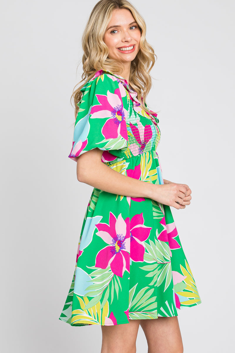 Green Floral Smocked Puff Sleeve Dress – PinkBlush