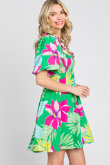 Green Floral Smocked Puff Sleeve Dress