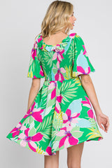 Green Floral Smocked Puff Sleeve Dress