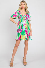 Green Floral Smocked Puff Sleeve Dress