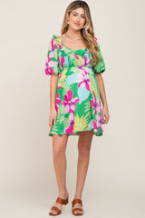 Green Floral Smocked Puff Sleeve Maternity Dress