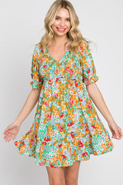 Green Floral Smocked Puff Sleeve Dress